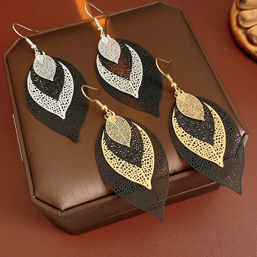 Black Filigree Leaf Earrings in Two Metal Tones
