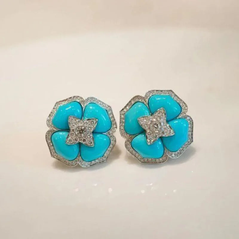 Silver-Tone Turquoise Flower Earrings
