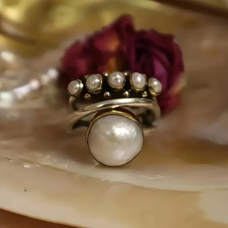 Classic Pearl and Silver-Tone Multi-Band Ring