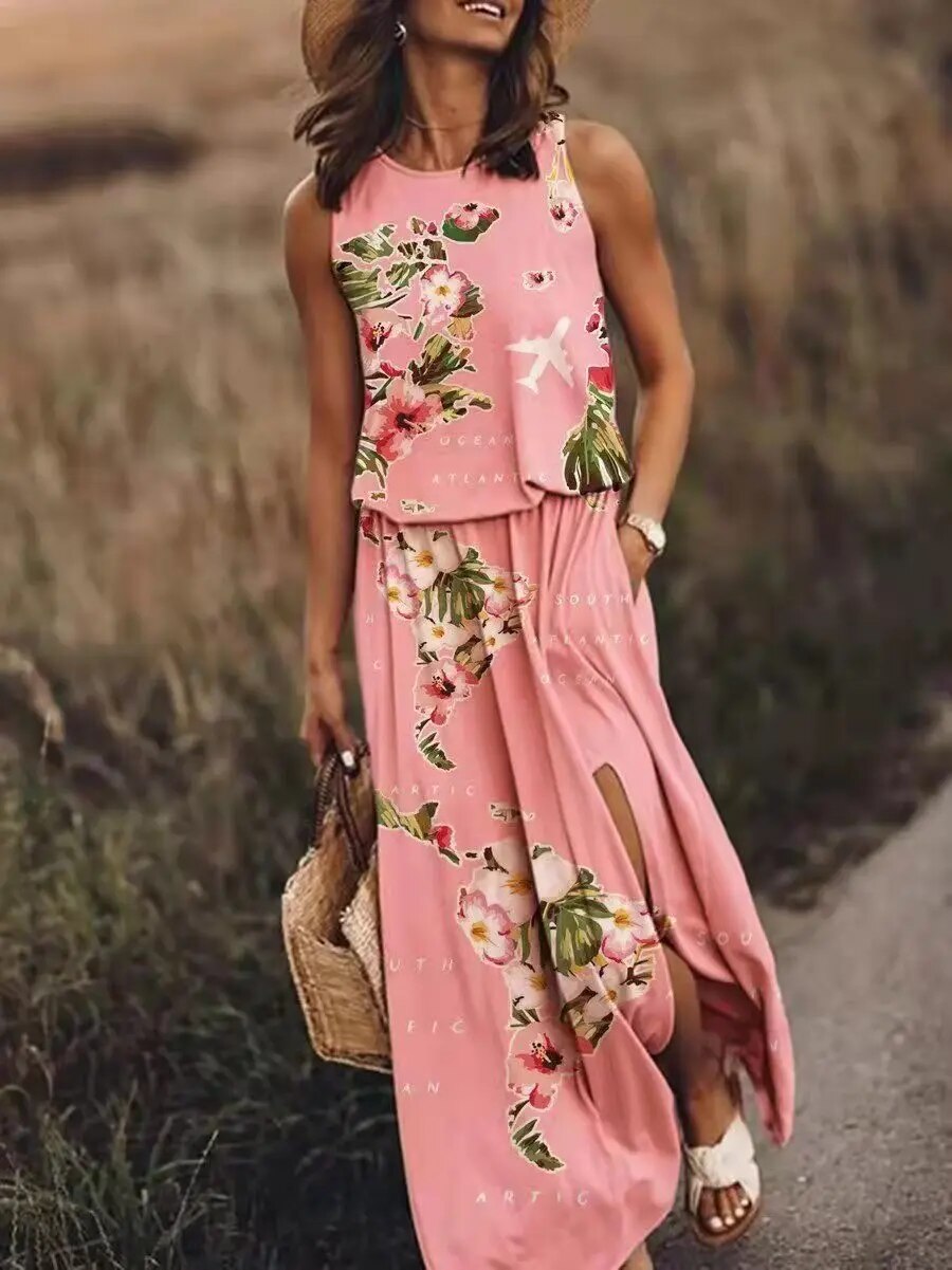 Graphic Floral Print Sleeveless Maxi Dress