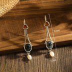Silver-Tone Tri-Stone Pearl Drop Earrings