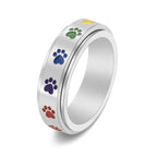 Stainless Steel Spinning Paw Fidget Ring with Rainbow Paws
