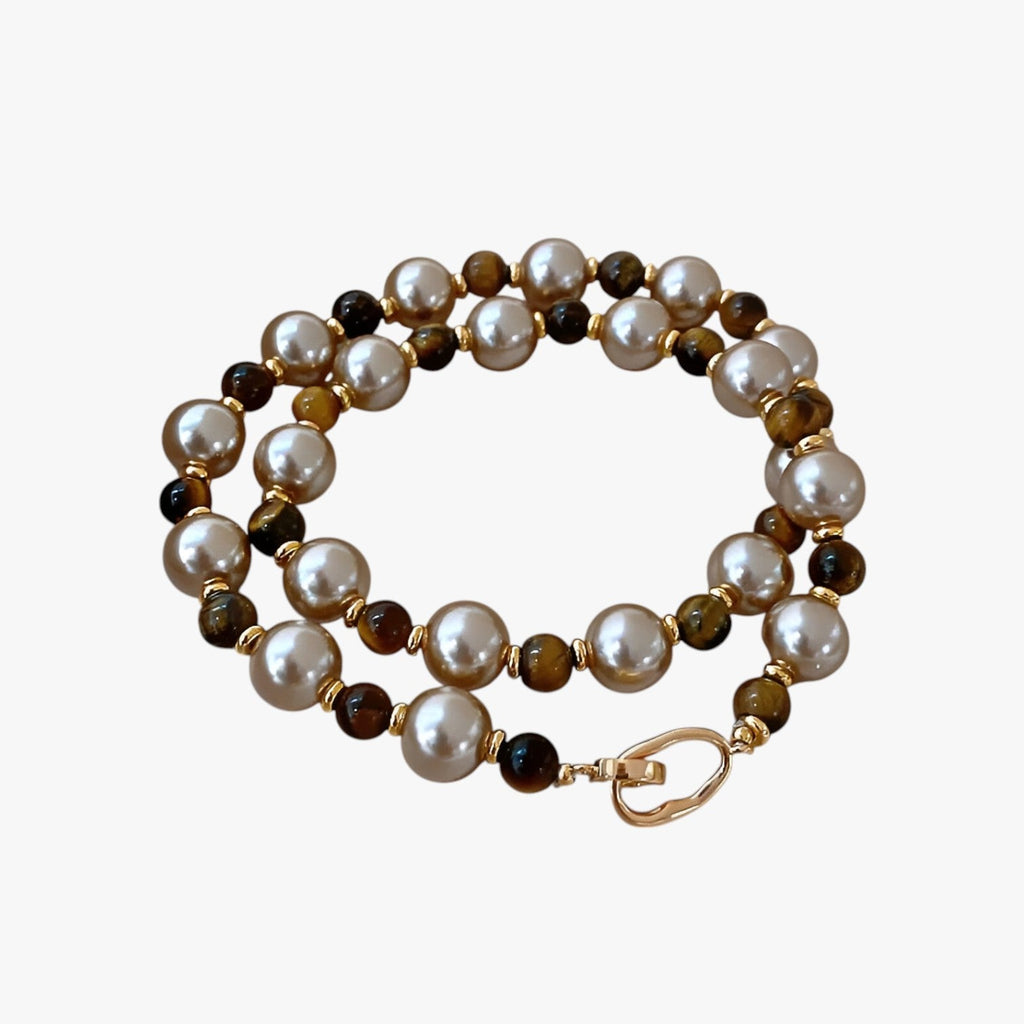 Tiger's Eye and Champagne Pearl Necklace, Gold-Tone