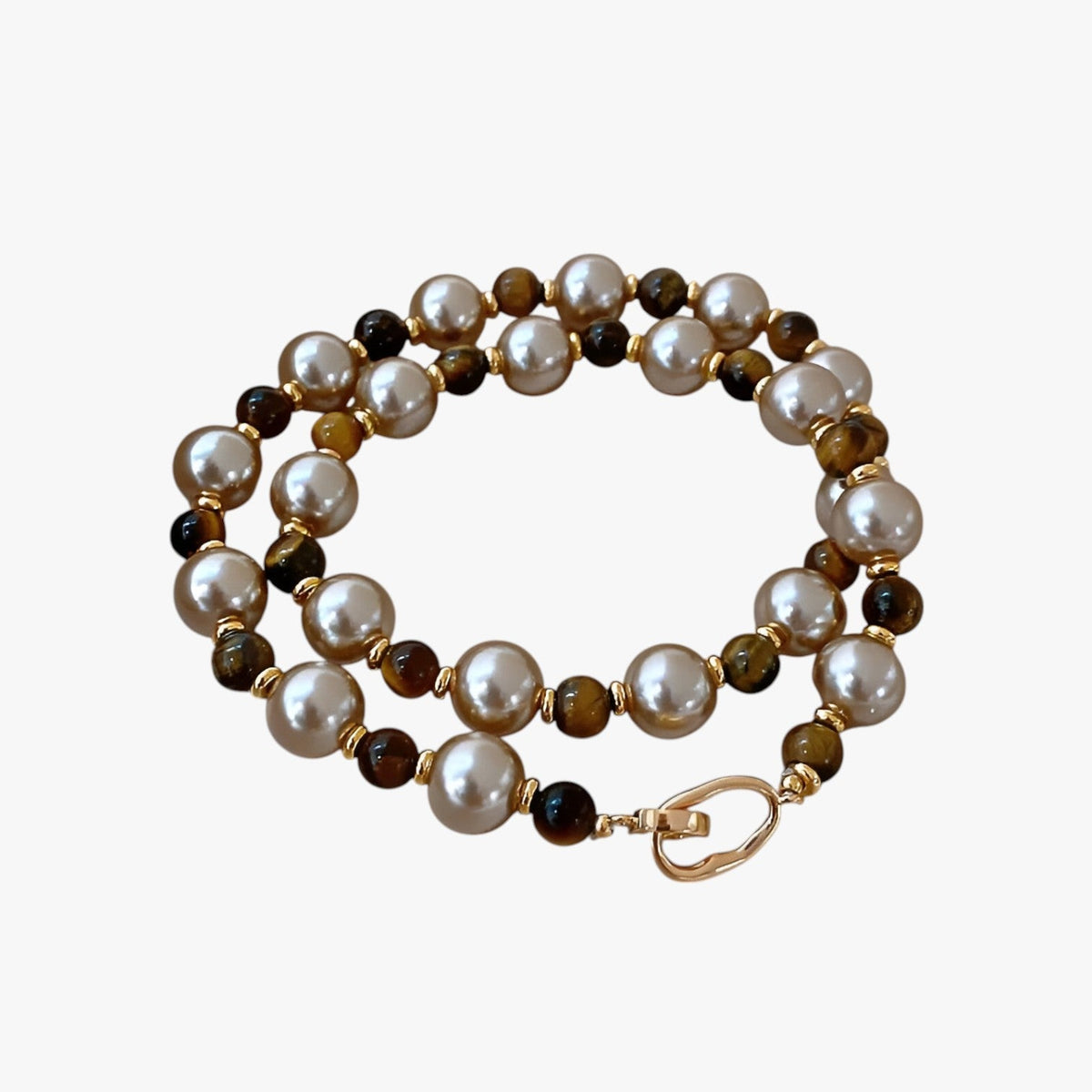 Tiger's Eye and Champagne Pearl Necklace, Gold-Tone