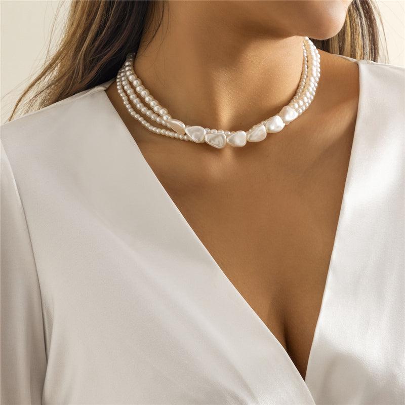 White Stone and Pearl Necklace in Gold Tone