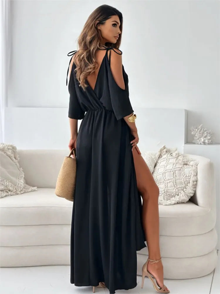 Cold Shoulder Wrap Front V-Neck Maxi Dress