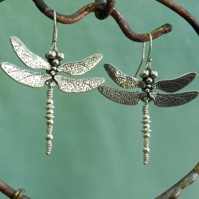 Vintage-Style Silver-Tone Carved Dragonfly Earrings