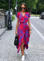 Wrap Front Tie Waist Short Sleeve Maxi Dress