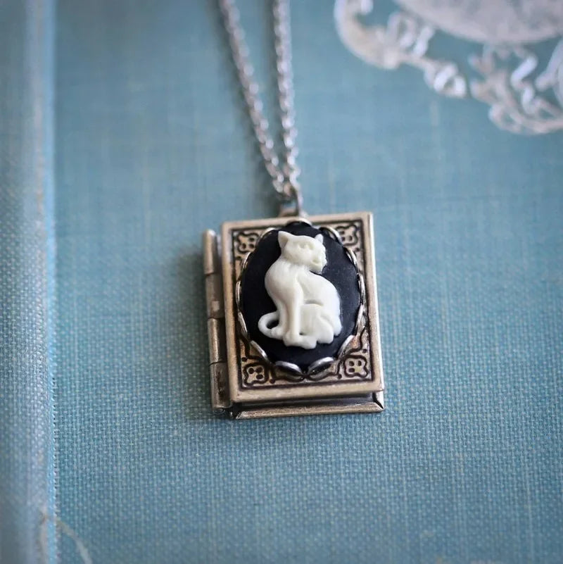 Vintage Cat Book Pendant Necklace with Rotating Page