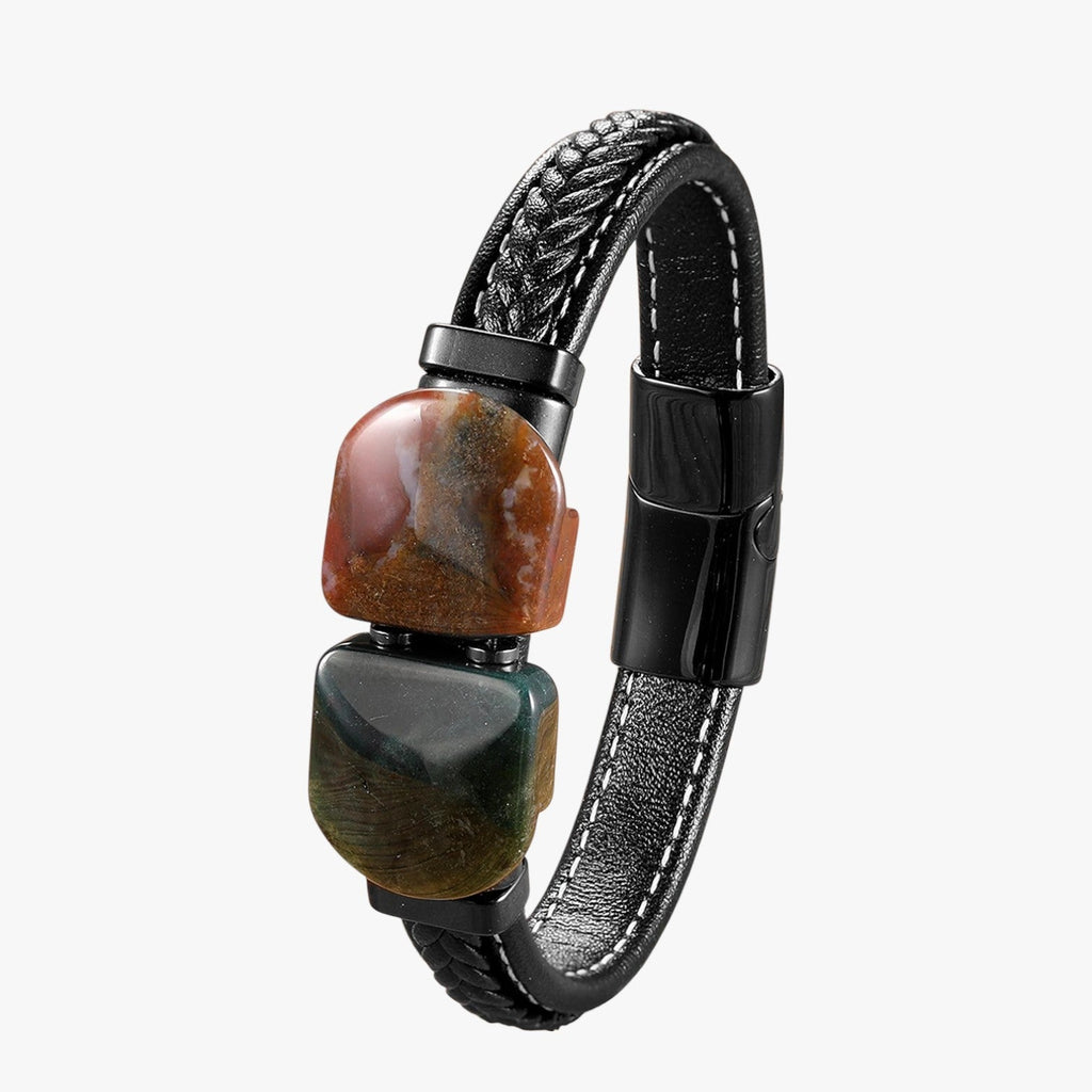 Armband van natuursteen en leer met kralendetail