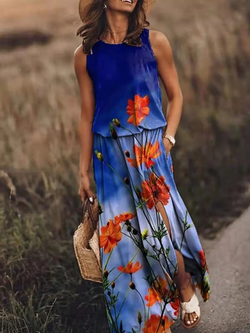 Graphic Floral Print Sleeveless Maxi Dress