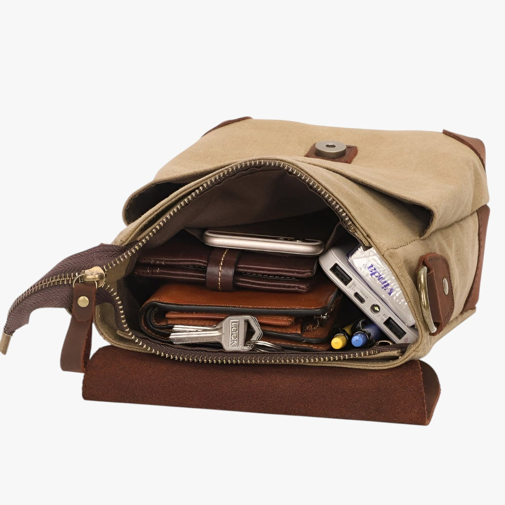 Compact Retro Canvas and Genuine Leather Shoulder Bag