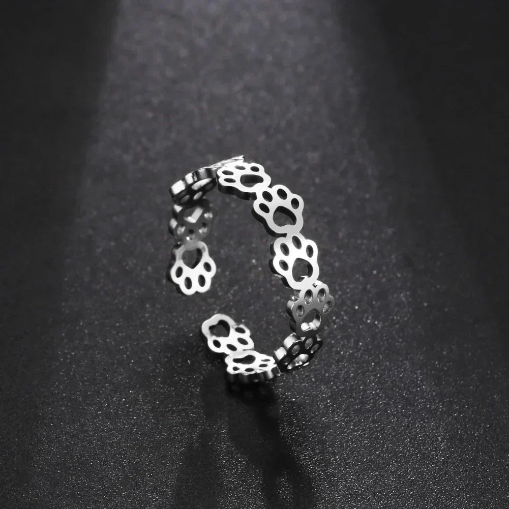 Adjustable Stainless Steel Paw Print Ring