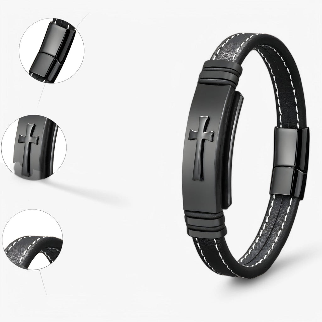 Geweven leren armband met kruisdetail, zwart en goud
