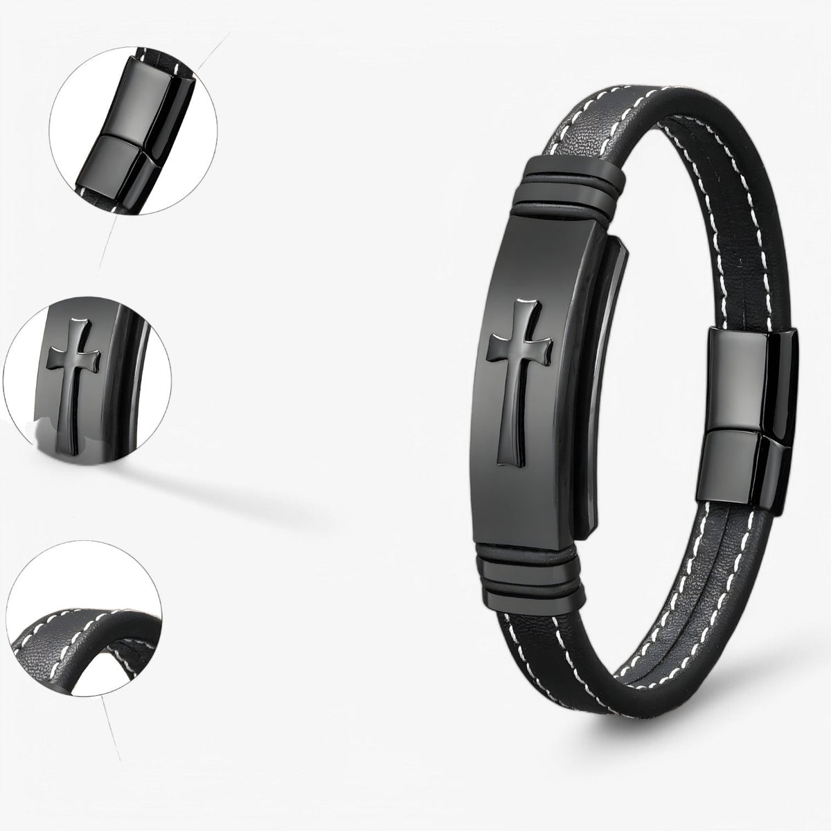 Geweven leren armband met kruisdetail, zwart en goud