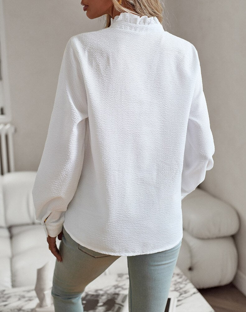 Long Sleeve Striped Blouse with Ruffle Trim