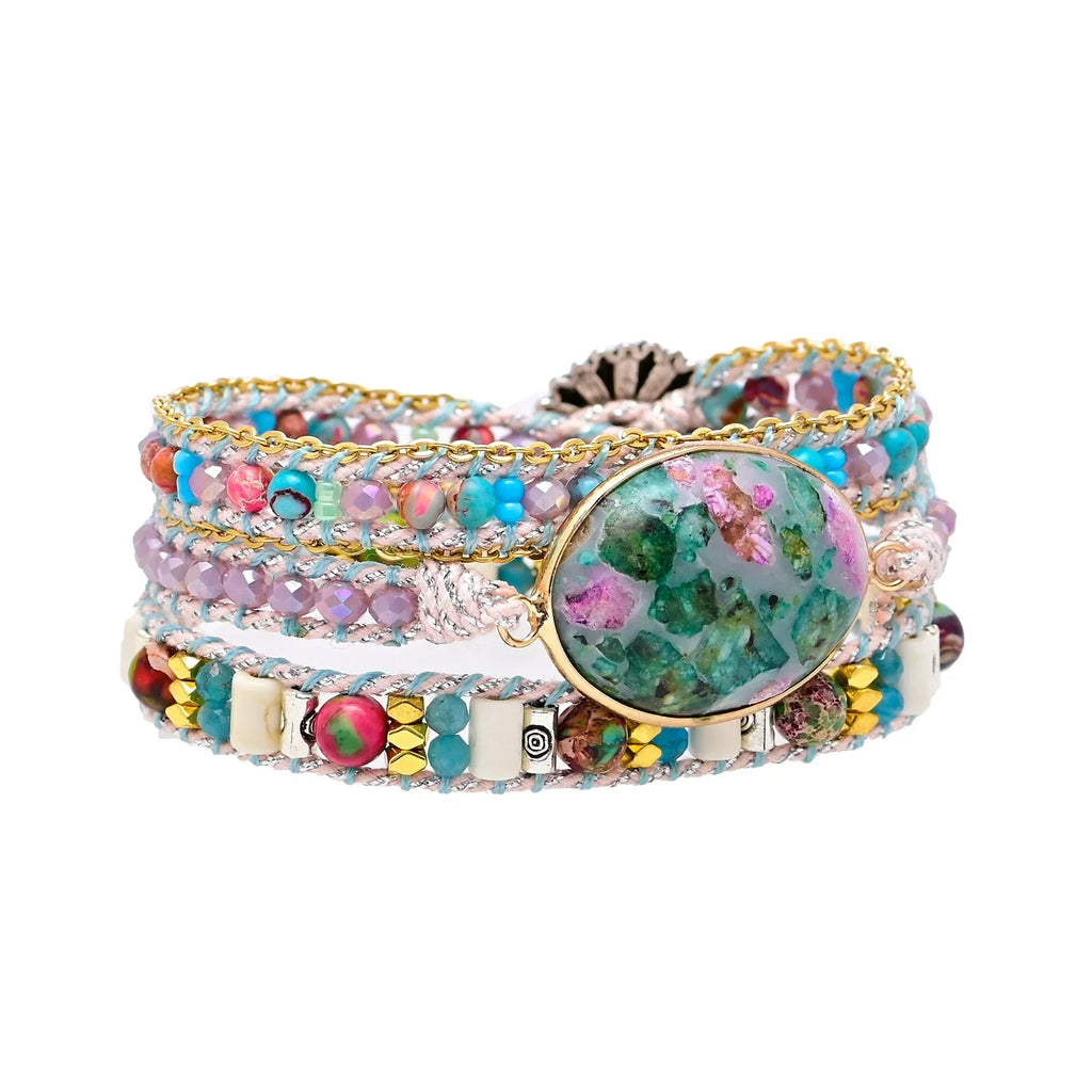 Kralenarmband van blauw calciet en agaat in regenboogkleuren