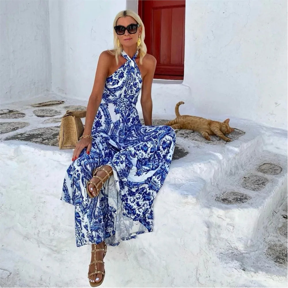 Patterned Sleeveless Halter Neck Flowing Maxi Dress