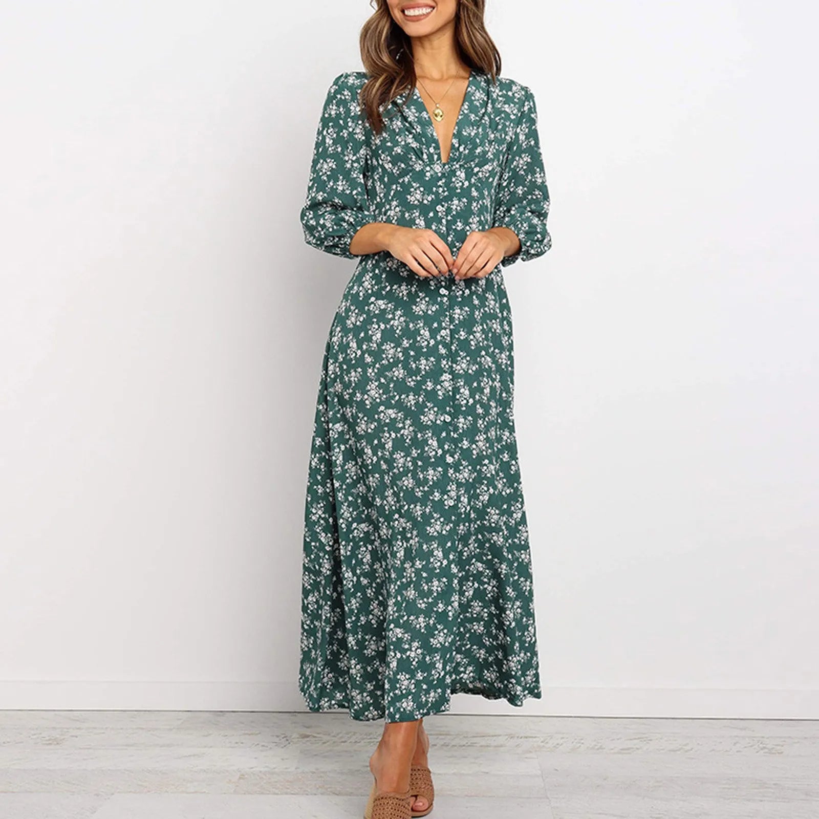 All-Over Floral Print Long Sleeve Maxi Dress