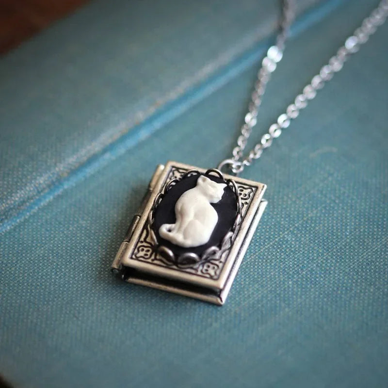 Vintage Cat Book Pendant Necklace with Rotating Page