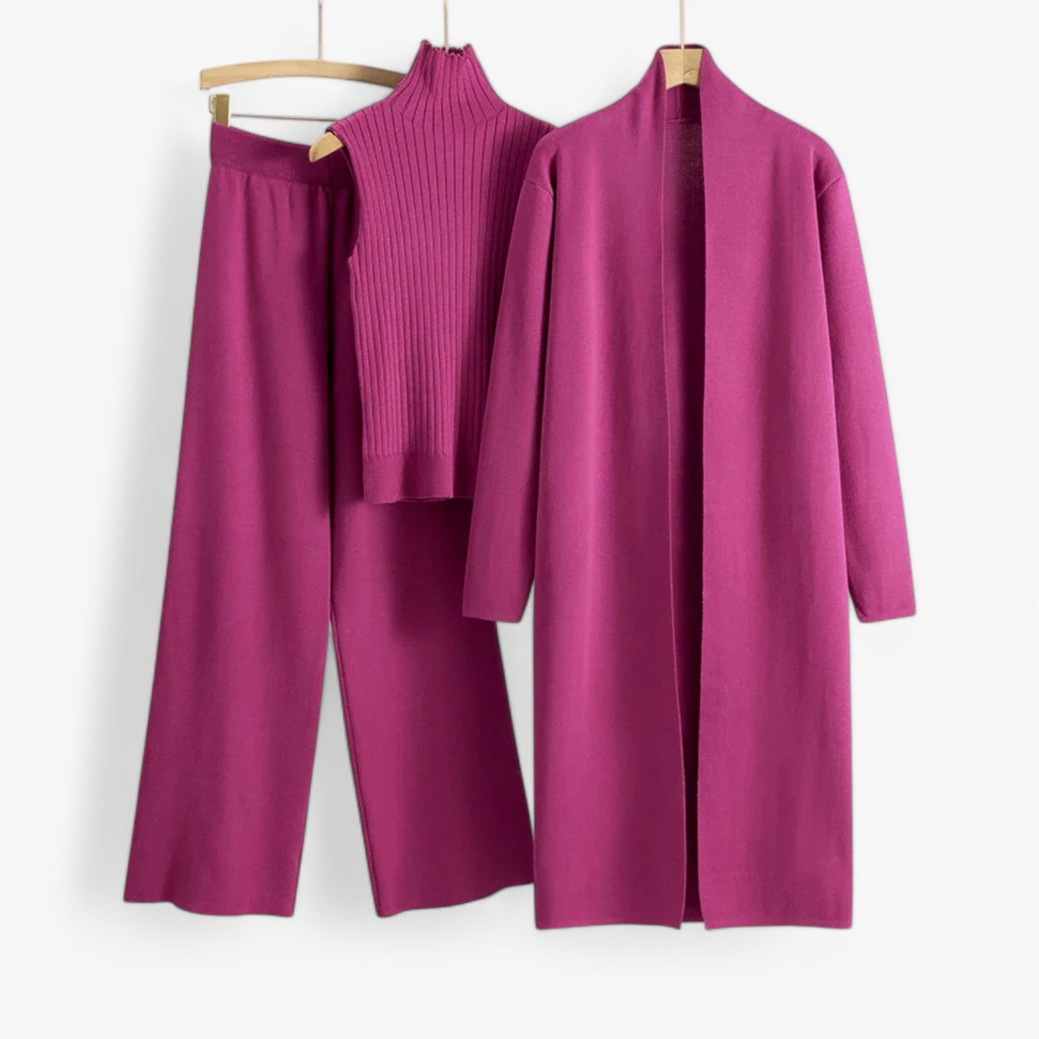Three-Piece Knit Set with Top, Cardigan and Matching Trousers