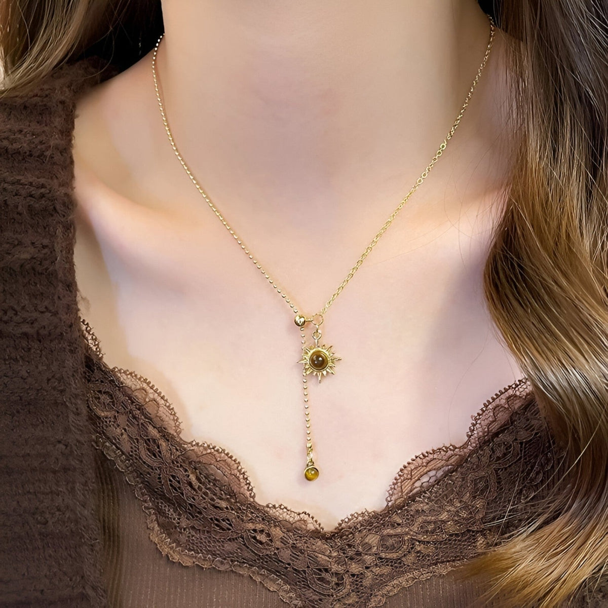 Sunflower Pendant Necklace with Tiger's Eye Stone