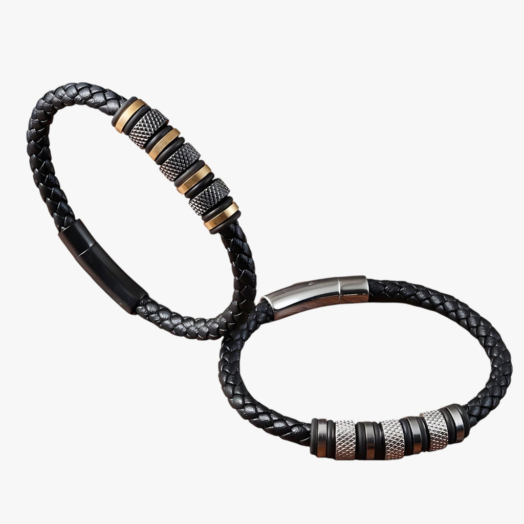 Braided Leather Bracelet with Steel Bead Detail