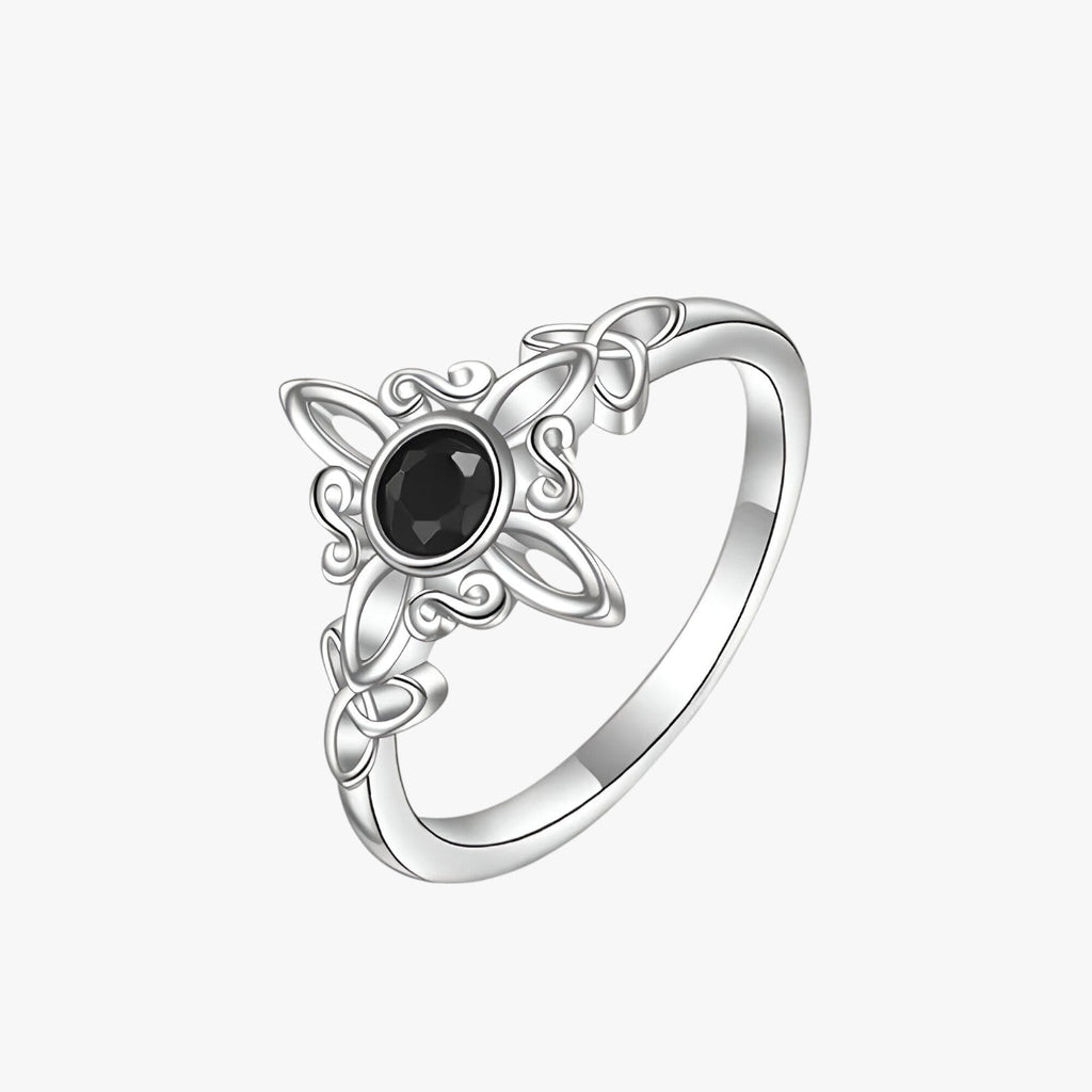 Silver-Plated Ring with Black Stone and Knot Symbol