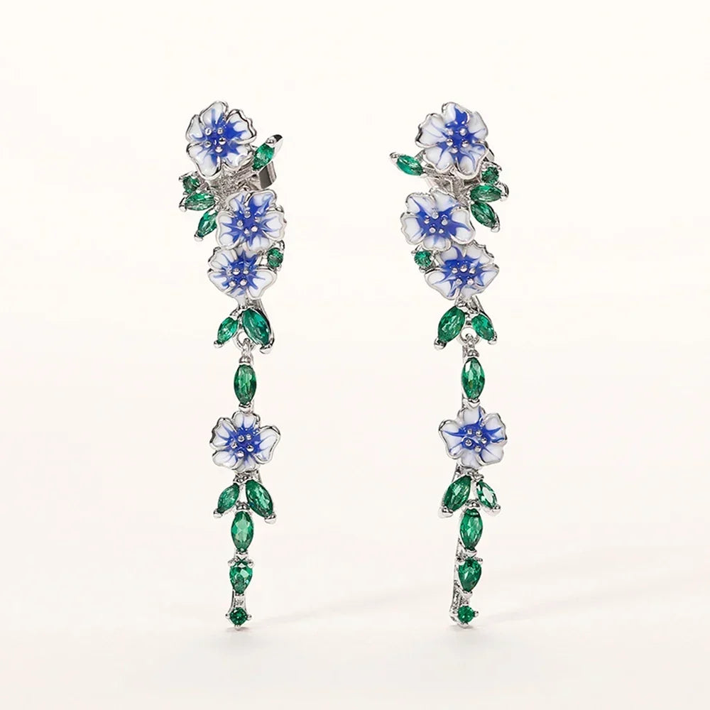 Trumpet Flower Drop Earrings with Sapphire-Blue Accents