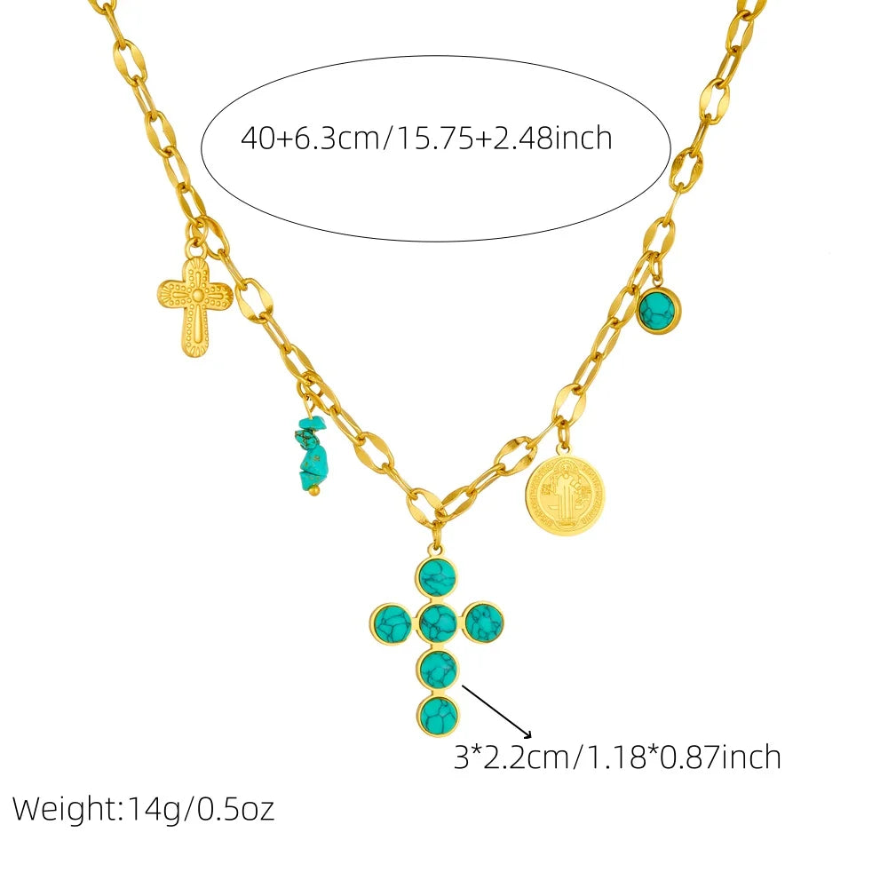Roestvrijstalen ketting met turquoise kruis