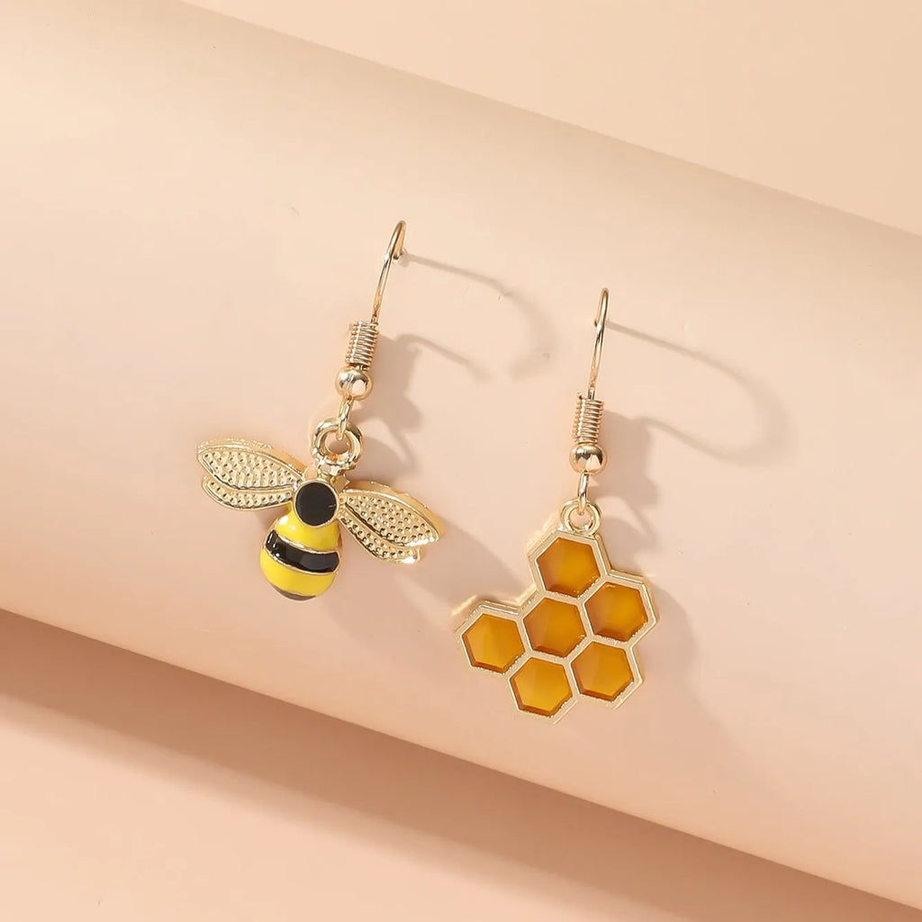 Gold-Tone Honeycomb and Bee Drop Earrings