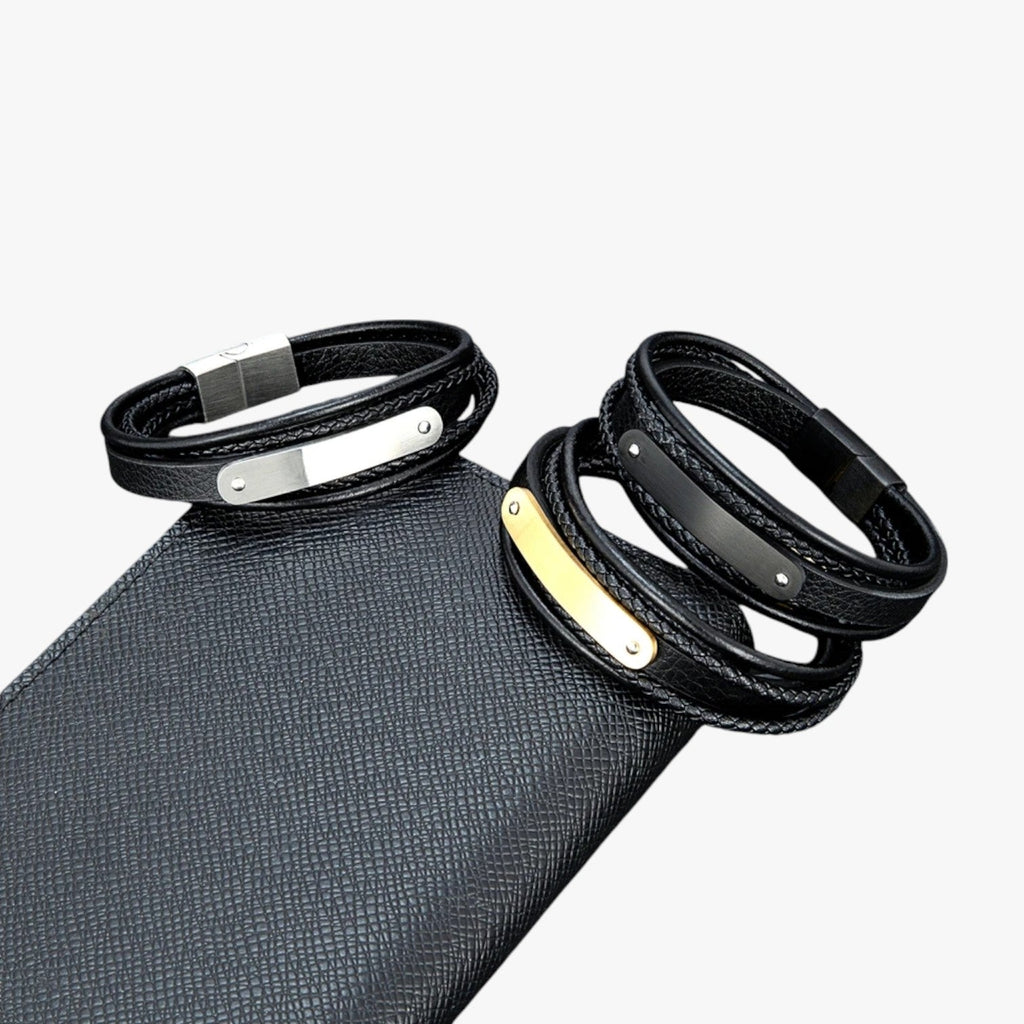 Leather Bracelet with Engraved Stainless Steel Plate