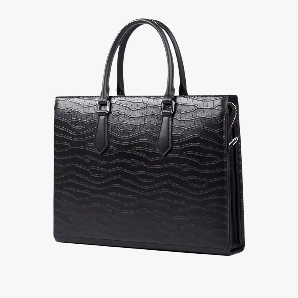 High-Capacity Black Leather Travel Bag with Laptop Compartment