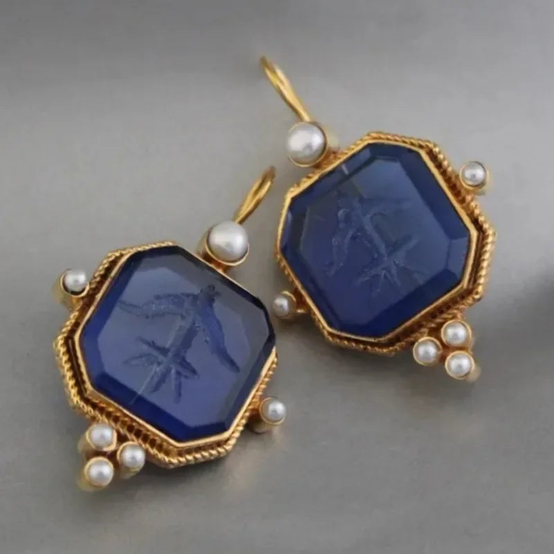 Vintage-Style Geometric Pearl Pendant Drop Earrings