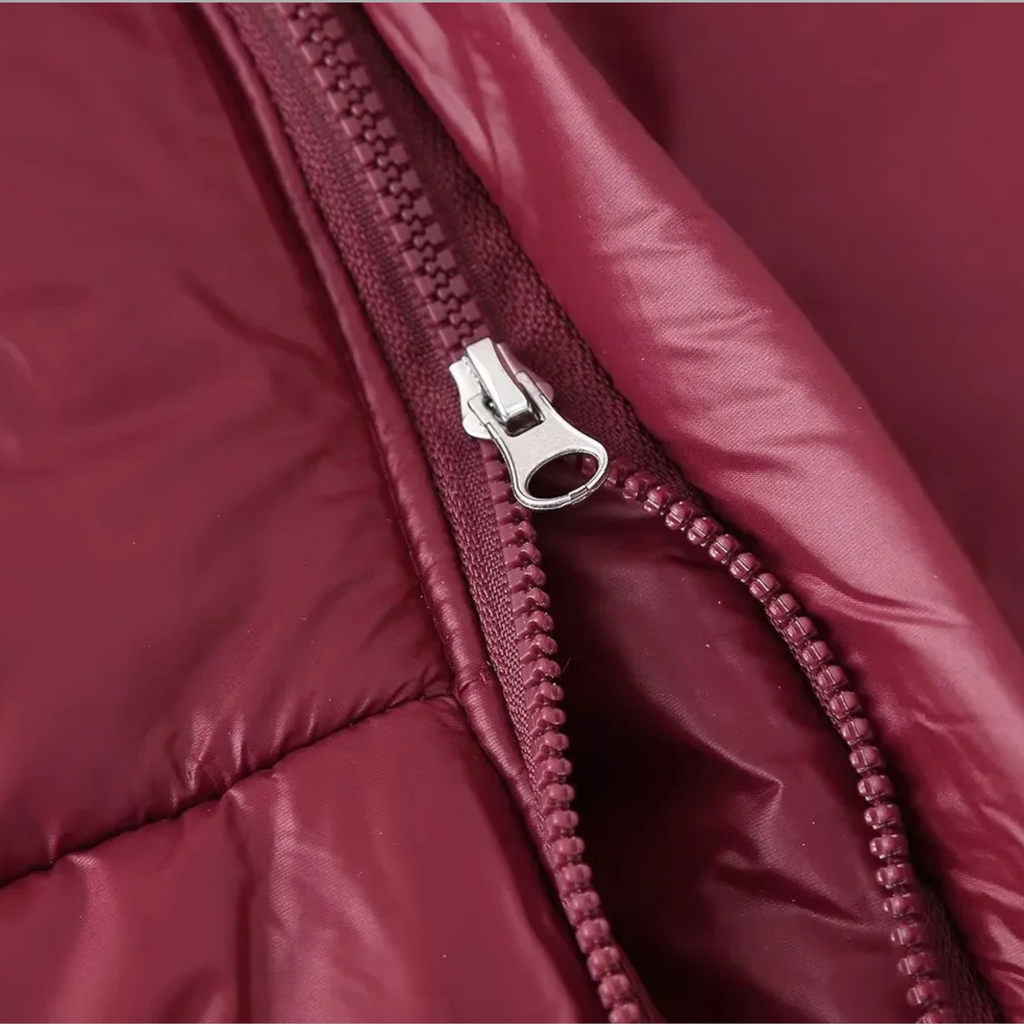 Two-Tone Quilted Hooded Coat with Stand Collar and Zip