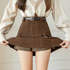 High-Waisted Pleated Corduroy Skirt with Matching Belt