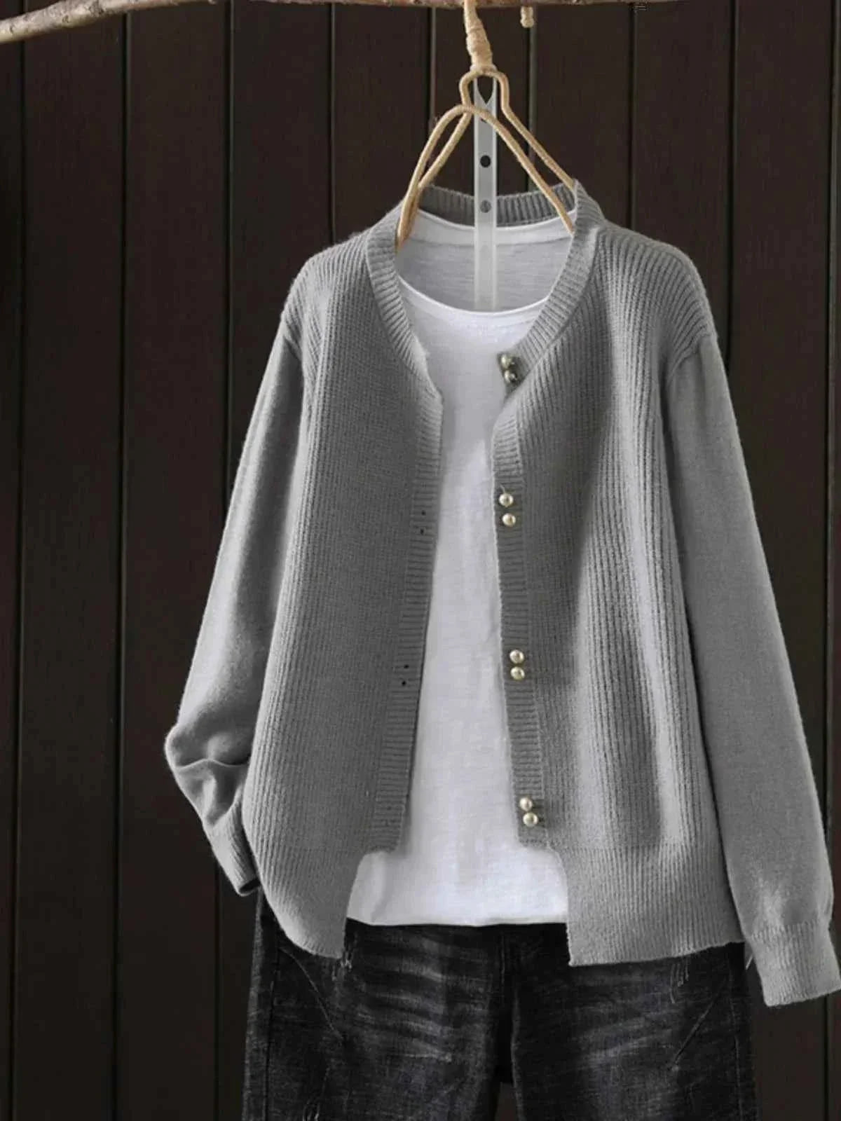 Pearl-Button Cardigan with a Classic Round Neckline