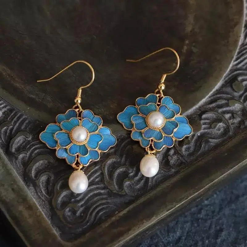 Vintage-Style Blue Enamel Flower and Pearl Drop Earrings