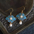 Vintage-Style Blue Enamel Flower and Pearl Drop Earrings