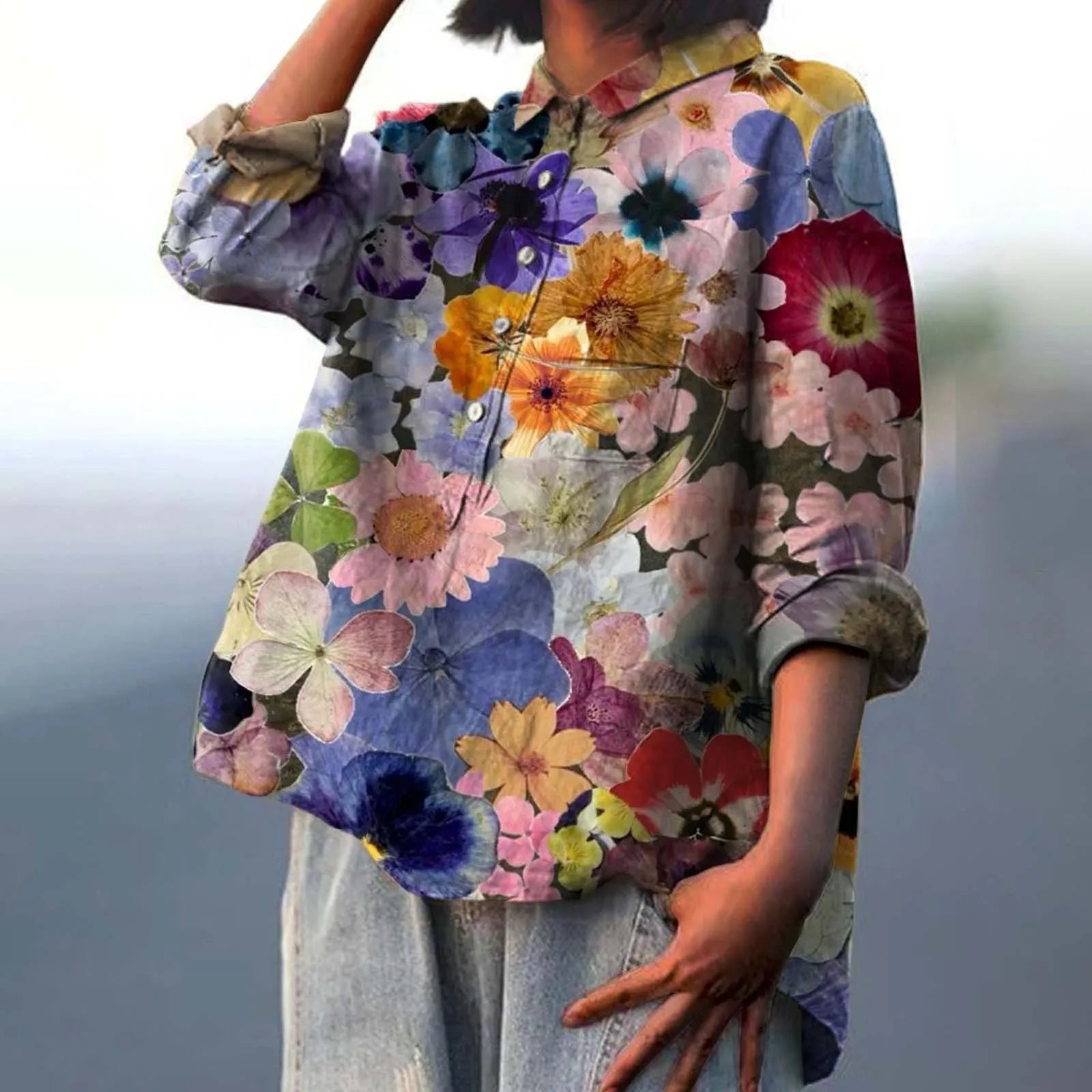 Floral Print Button-Down Blouse with High-Low Hem