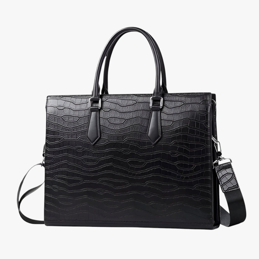 High-Capacity Black Leather Travel Bag with Laptop Compartment