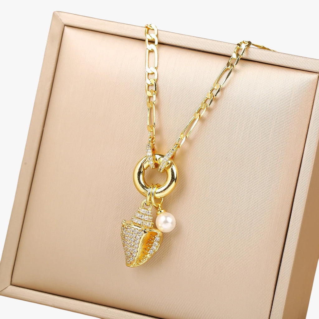 Wing and Shell Flower Pendant Necklace, Fine Chain