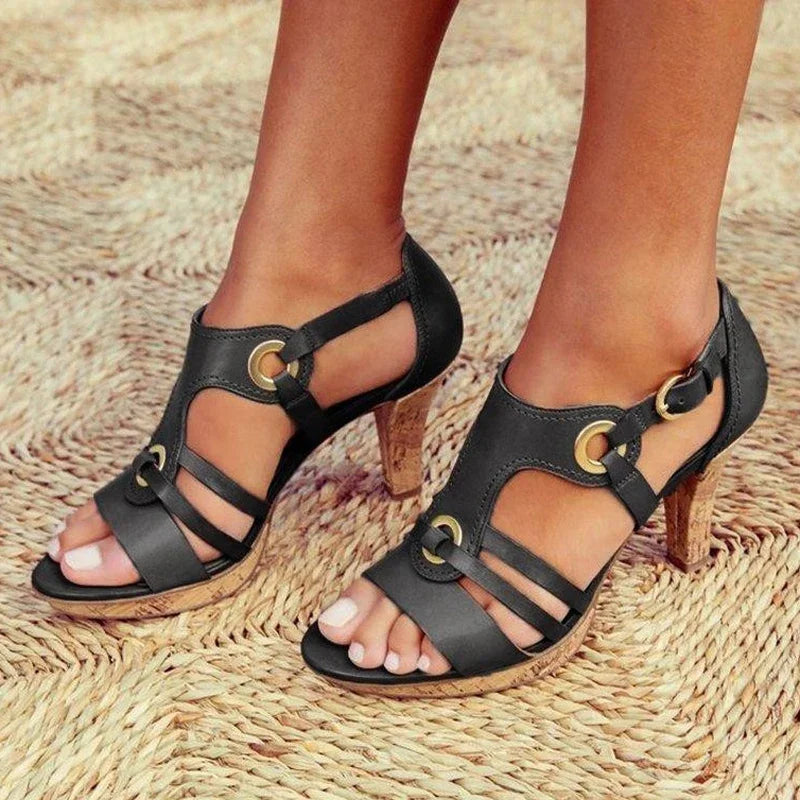Faux Leather and Cork Heeled Sandals with Open Toe