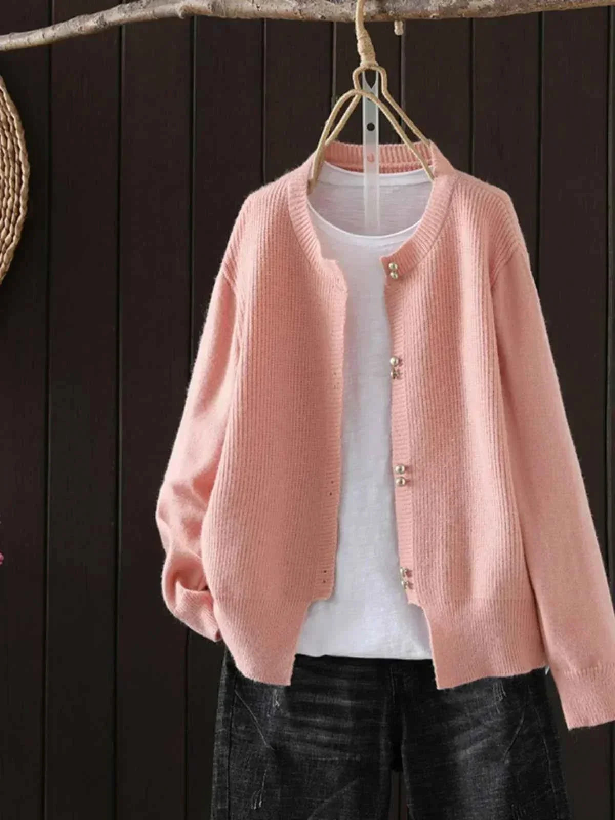 Pearl-Button Cardigan with a Classic Round Neckline