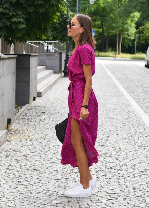 Wrap Front Tie Waist Short Sleeve Maxi Dress