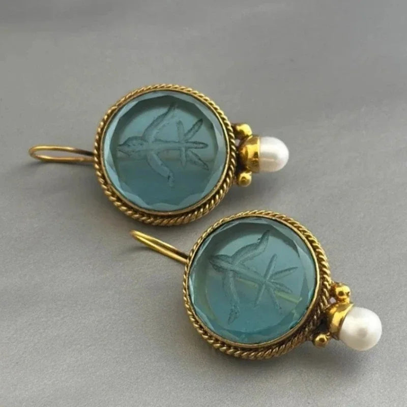 Aqua Carved Stone and Pearl Drop Earrings
