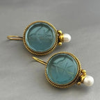 Aqua Carved Stone and Pearl Drop Earrings