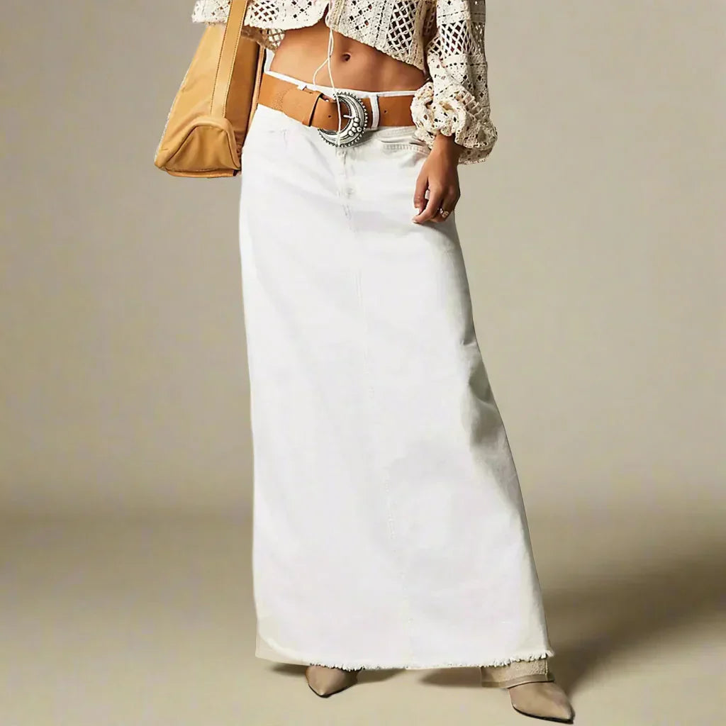 Denim Maxi Skirt with a Button-Front Closure
