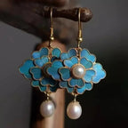 Vintage-Style Blue Enamel Flower and Pearl Drop Earrings