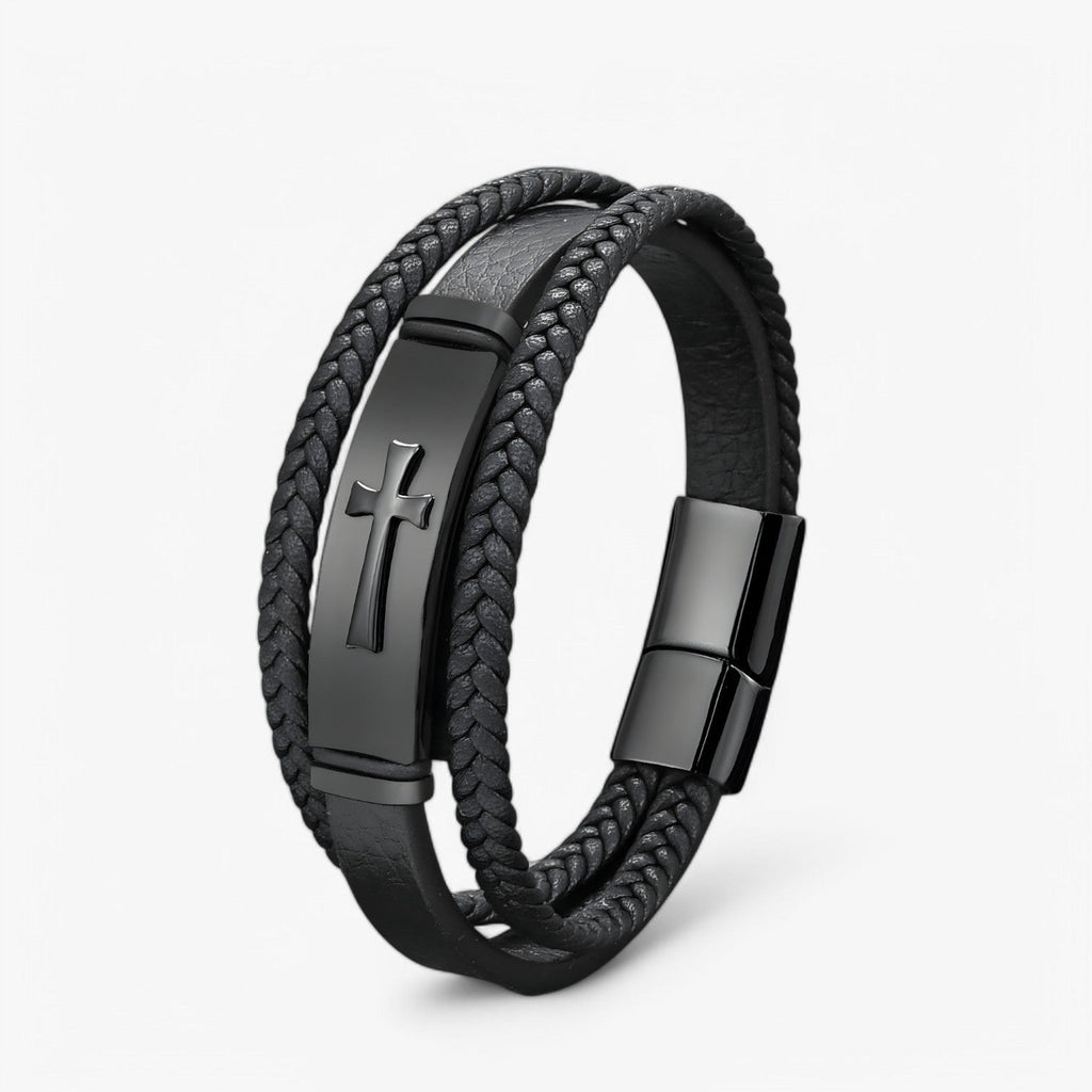 Geweven leren armband met kruisdetail, zwart en goud